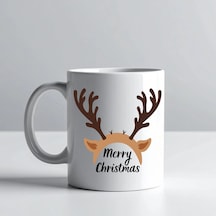 Merry Christmas Geyik Boynuzu Tasarımlı Kupa Model 235 Yılbaşı Temalı Seramik Kahve Kupası Çok Renkli