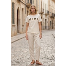 Kadın Ekru Mama Baskılı Leopar Desenli Basic Tişört Yumuşak Dokulu Rahat Pamuklu Yazlık T-shirt Bej
