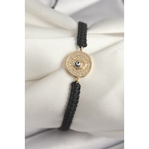 Pirinç Gold Renk Zirkon Taşlı Nazar Boncuk İşleme Makrome Asansörlü Model Kadın Bileklik - Tj-bb6789 Gümüş