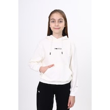 Toontoy Kız Çocuk Oversize Kapüşonlu Cepli Düşük Omuz Baskılı Sweatshirt - 2 İplik Ekru