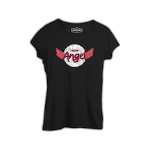Angel Writing With A Halo And Wings Siyah Kadın Tshirt 001