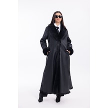 M M Marki Marki Kadın Siyah Hakiki Deri Palto İçi Özel Kürklü Uzun Premium 125 Cm - 121722
