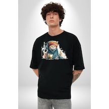 Türk Kahvesi Kedi Pamuklu Bisiklet Yaka Unisex Oversize Boyfriend Dijital Baskılı Siyah T-shirt Siyah