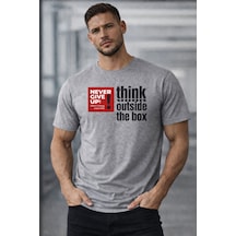 Herkesemoda Think Outside Yazı Detaylı Basic T-shirt Gri