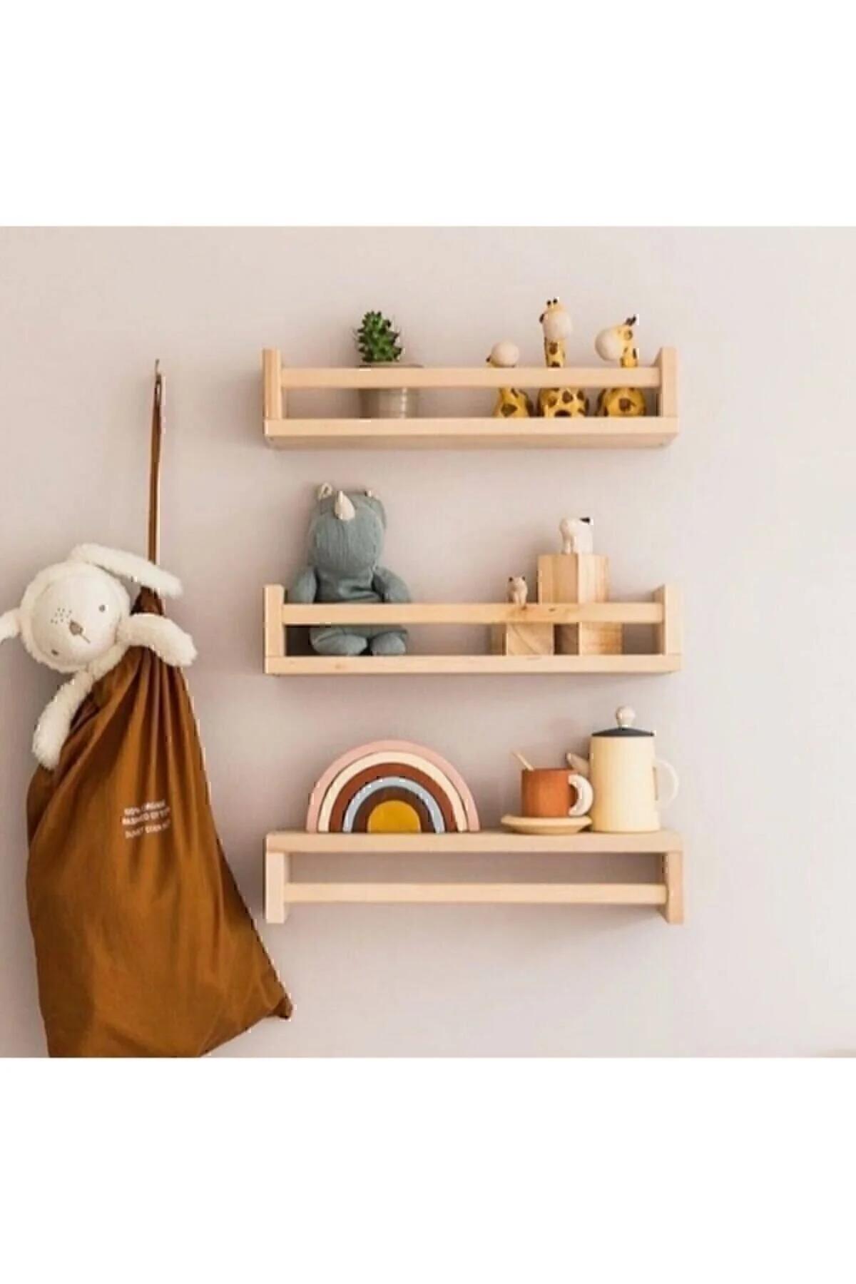 Montessori Kitaplık Çocuk Bebek Odası Rafı Ahşap Kitaplık Askılık Natural Ahşap