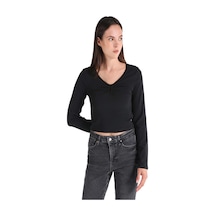 Colins Slim Fit V Yaka Düz Kadın Siyah Uzun Kol Tişört Cl1065170 Q1.v1 Blk SIYAH