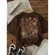 Retro Botanik Sırt Baskılı Çiçek Desenli Premium Kadın Oversize T-shirt Kahve