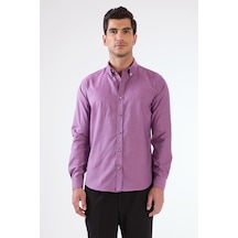 Dufy Koyu Lila Erkek Slim Fit Düz Brent Düğmeli Yaka Uzun Kol Gömlek - 102469 Koyu Lila