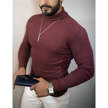 Erkek Tam Boğazlı Fitilli Kaşkorse Triko Likralı Extra Dar Kesim Slimfit Yumuşak - Bordo