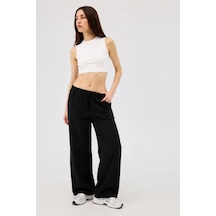 Dıanna Kadın Beli Lastikli Wide Leg Müslin Pantolon %100 Pamuk Geniş Bol Paça Rahat Ofis & Günlük Stil Siyah