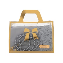 İğne Oyalı Şal 144x68 Cm + Tesbih Hediye Seti Asetat Çantalı, Gri İğne Oyalı Şal 144x68 Cm + Tesbih Hediye Seti Asetat Çantalı, Gri