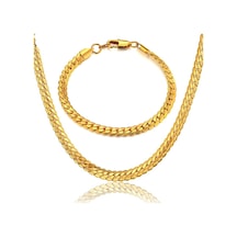 Gold Ezme Yassı Yılan Çelik Unisex Kolye Ve Bileklik Seti Eck37S