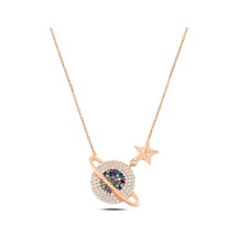 Mix Taşlı Rose Yıldızlı Satürn Model 2 Gümüş Kadın Kolye Gklstrnm (484545870)