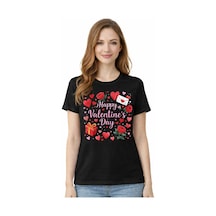 Herkesemoda Happy Valentines Day Baskı Detaylı Basic T-shirt Siyah