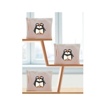 Sarılan Penguenler Baskılı 3'lü Makyaj Çantası 20x25 Cm - Büyük Makyaj Çantası