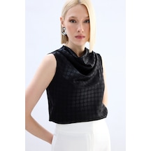 Sateen Puantiye Desenli Kolsuz Bluz - Siyah-136749 Siyah