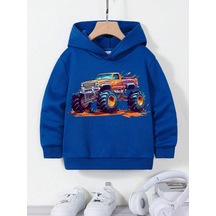 Çocuk Sax Mavisi Car Baskı Kapüşonlu Sweatshirt Sax
