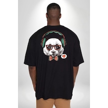 Angemiel Kulaklıklı Hipster Portre Panda Büyük Beden Siyah Tişört Kadın Erkek Ünisex Sırt Baskılı Siyah