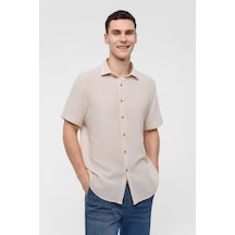 Backandbond Bej Regular Fit Kısa Kollu Düz Gömlek