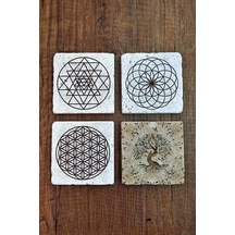 Doğal Taş Bardak Altlığı Uv Baskılı 4'lü Set - Hayat Ağacı Yaşam Çiçeği Sri Yantra - Stone Coasters Çok Renkli