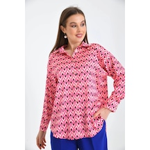 Fuşya Desenli Oversize Uzun Kol Basic Saten Gömlek 001