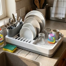 Tezgah Üstü Bulaşık Kurutmalık, Çok Bölmeli Tabak Ve Bardak Düzenleyici, Kaşıklıklı Mutfak Organizer 42 Cm -