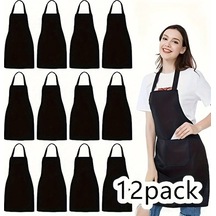 Honeybeeshop Geniş Cepli 12 Adet Siyah Polyester Önlük Üniseks Mutfak El İşi Barbekü Çizim Siyah
