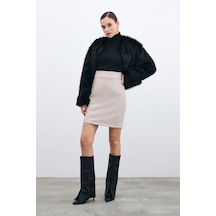 Sateen Şardonlu Deri Etek - Taş-135485 Taş