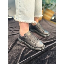 Günlük Unisex Spor Ayakkabı Vegan Deri Bağcıklı Hafif Kalın Yüksek Taban Yürüyüş Sneaker 628 Siyah