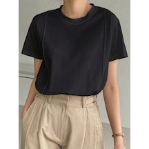 Kadın Kısa Kollu Çizgi Detaylı Basic Tişört Süprem Kumaş Yazlık Rahat T-shirt Siyah