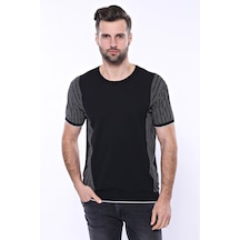 Yake Store Bisiklet Yaka Kenarları Desenli Siyah Örme T-shirt Wessi - Siyah