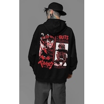 Sevbano Guts Berserk Baskılı Unisex Oversize Anime Hoodie Siyah