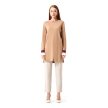 Mizalle Kol Piliseli Rayon Triko Camel-beyaz Tunik Camel