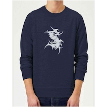 Heavy Metal Logo Baskılı Indigo Mavi Erkek Örme Sweatshirt