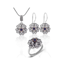 Safir Taşlı Gül Model Oksitli 925 Ayar Gümüş Telkari Kadın Üçlü Set 201025644