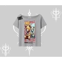 Tarzsokak Kayık Yaka Tshirt Fake Smile Mood Ayıcık Grafik Baskılı Gri