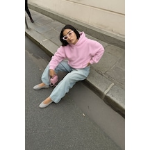 Benroma Baskısız Düz Ünisex Kapüşonlu Sweatshırt Pembe