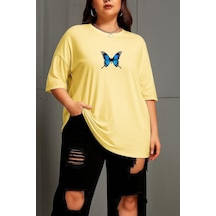 Büyük Beden Kelebek Baskılı Unisex Tişört Sarı