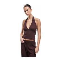 Koton Bürümcük Kumaş Dokulu Slim Fit Sırt Dekolteli Halter Yaka Bluz Kahverengi 5sak10684ek Kahve