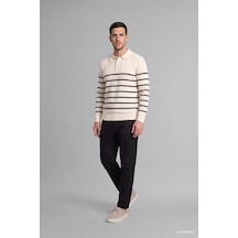 Defacto Standart Fit Çizgili Polo Yaka Triko Kazak H7022ax26auer100 Ekru-er100