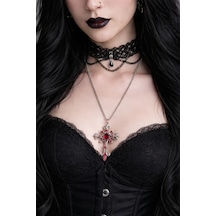 Gotik Kırmızı Taşlı Haç Kolye Gümüş Renk Zincir Unisex Çok renkli