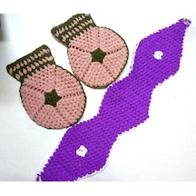 Yeşil Pembe Mor Beyaz Üçlü Lif Takımı El İşi Örme