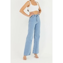 Palazzo Pantolon Buz Mavi Yüksek Bel Geniş Paça Bol Kesim Premium Jeans Buz Mavi