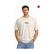 Bej Oversize Tişört Unisex %100 Pamuk Think Yazılı Baskılı Salaş Erkek Kadın T-shirt Bej