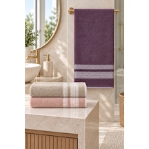 Çift Şerit Desenli Havlu 50x90 Cm 3 Lü Set - Mulberry Blush Çok Renkli