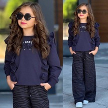 Kız Çocuk Zebra Desenli 2'li Alt Üst Takım 6411f Füme