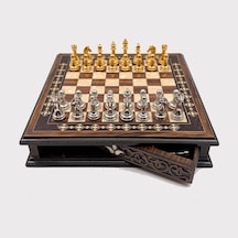 Özel - 641 - Tasarım El İşi Yuvarlak Satranç Tahtası Ve Metal Satranç Taşları Mcyv36 - Altın-gümüş, - Muratech - Kahve Ta