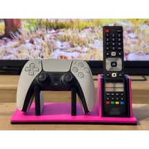 3d Baskı Oyun Kolu Ve Tv Kumanda Standı Çift Bölmeli Masaüstü Kumanda Tutucu Organizer - Pembe Çok Renkli