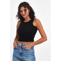 Mmetalic Kadın Siyah Fitilli Görünümlü Askılı Kalın Esnek Örme Basic Crop Atlet Bluz