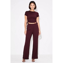 Benerly Kadın Kısa Kollu Bisiklet Yaka Crop Top İspanyol Paça Flare Panto Mürdüm